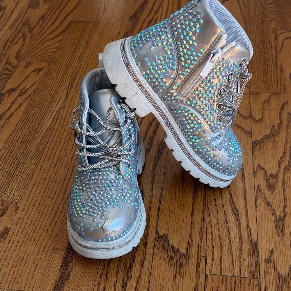 Lola + The Boys Silver Holographic Rhinestone Kids Boots